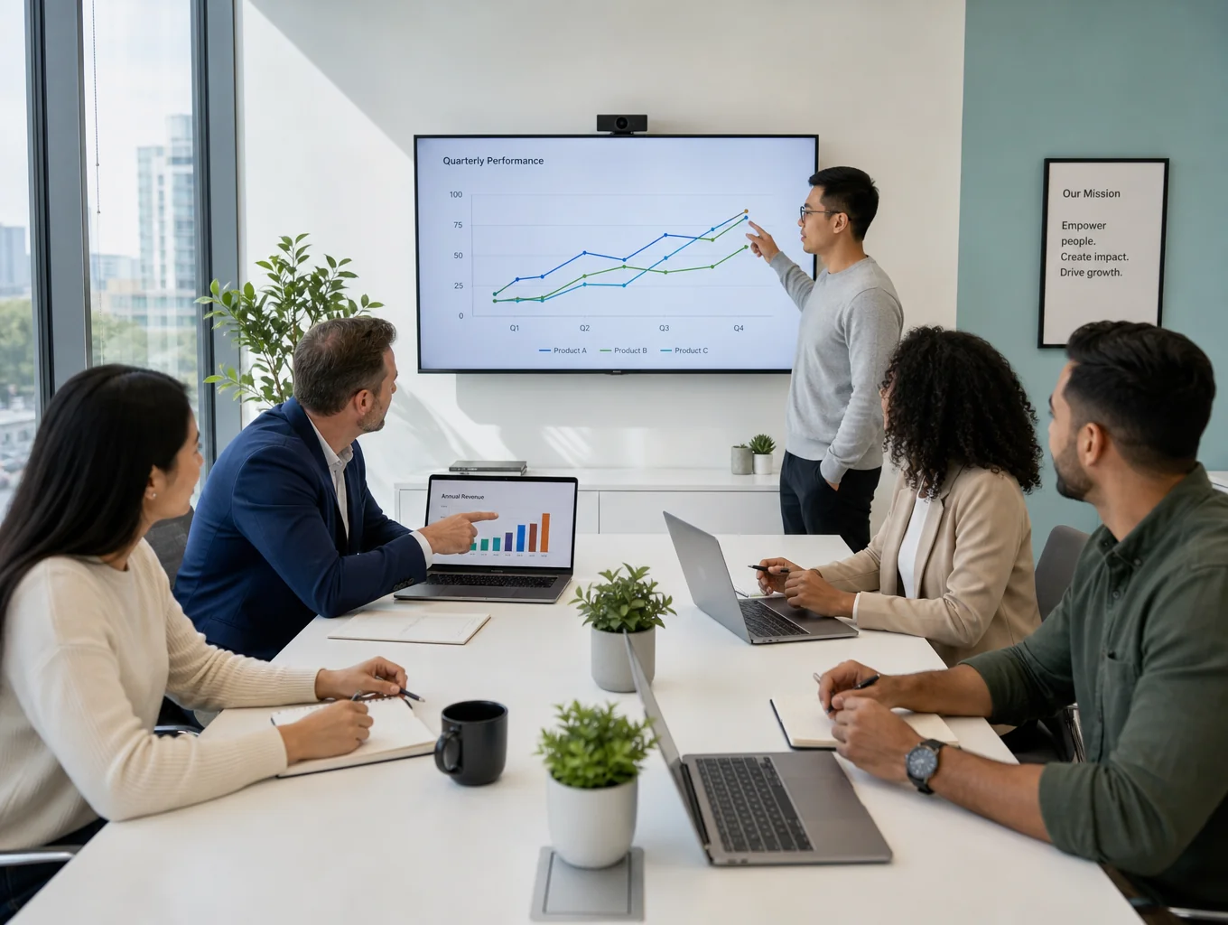Professional team reviewing growth analytics in a modern office space